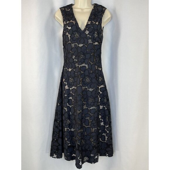Zara Woman Navy Blue Lace V-Neck Midi Dress $98 - Picture 4 of 14